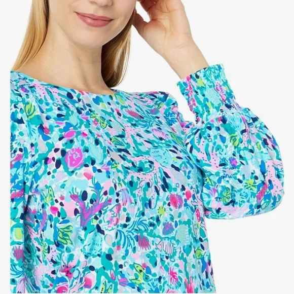 Lilly Pulitzer Diann Long Sleeve Mini Dress Smocked Printed Cotton S - Picture 6 of 8